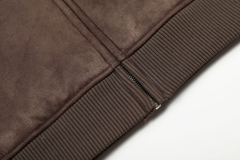 Fleece-Lined Brown Suede-Texture Zip Hoodie Jacket