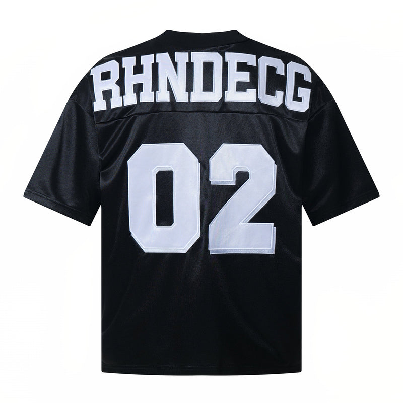 Black varsity patch mesh football jersey with RHNDECG lettering and large white number 02 on the back