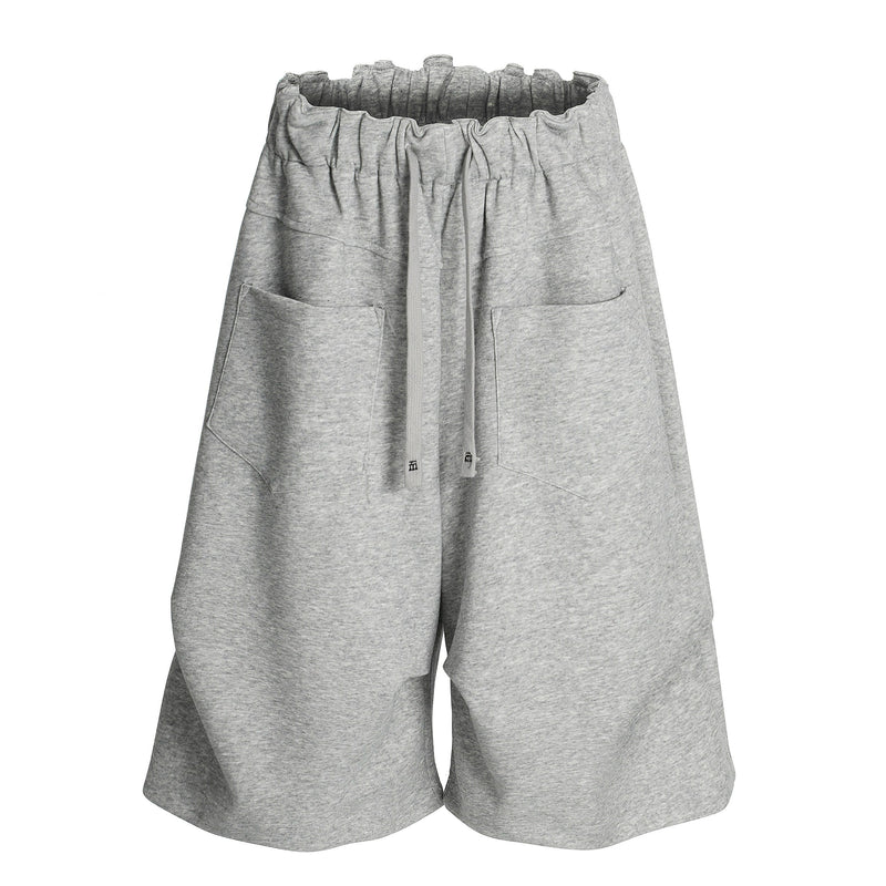 Gray wide-leg shorts front view with drawstring and two large front patch pockets