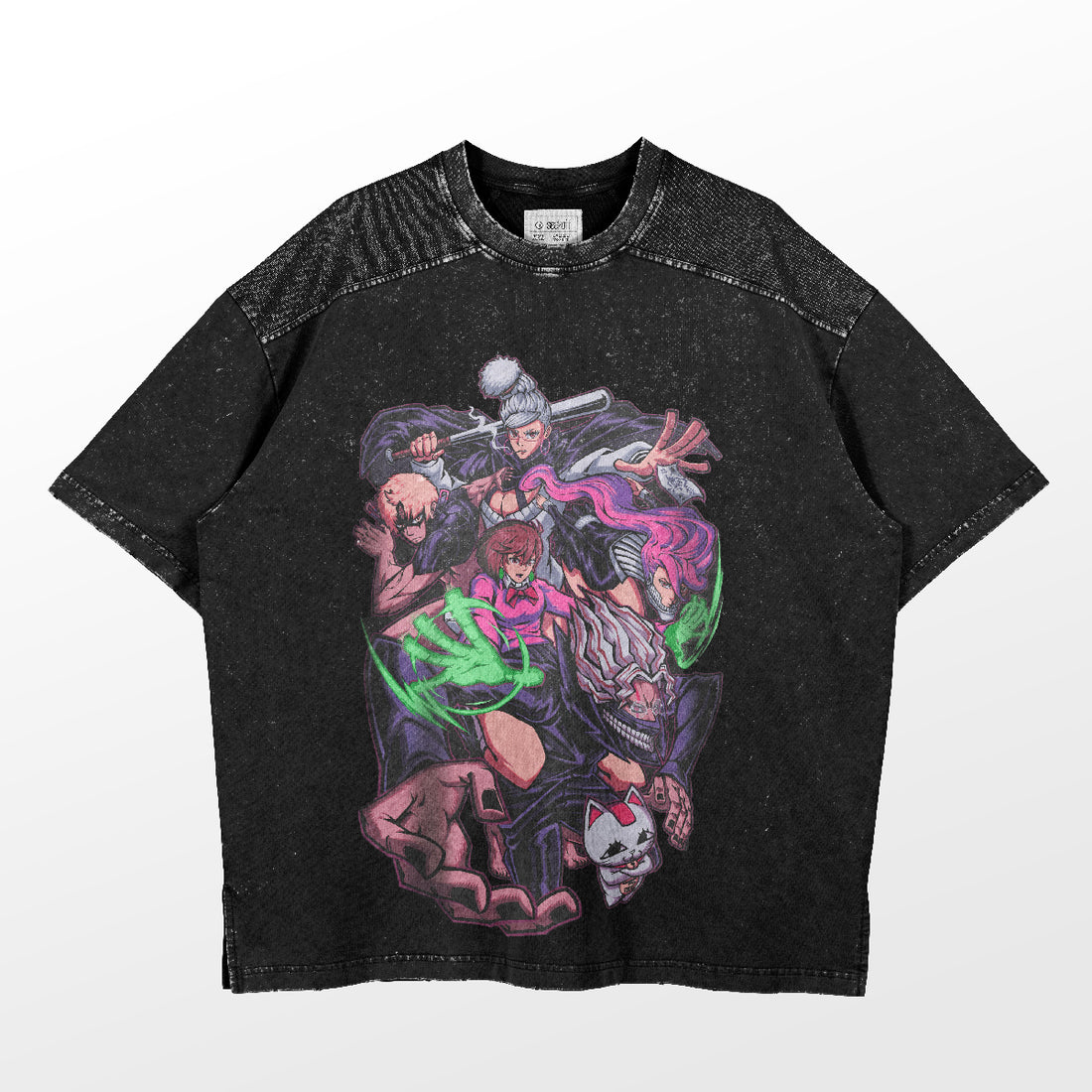 The Dandadan Oversized T-Shirt in 250 GSM cotton is ideal for anime fans, featuring vibrant character graphics. One character holds a mask, while another has glowing green hands. This streetwear piece boasts a speckled pattern on the shoulders and sleeves.