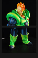 The Seakoff Android 16 Collectible Figure from Dragon Ball Z is a highly detailed, 41cm action figure in a heroic pose. It features an anime character with bright orange hair and a green-padded suit, highlighted against a plain black background with focused images of the torso, legs, and boots.