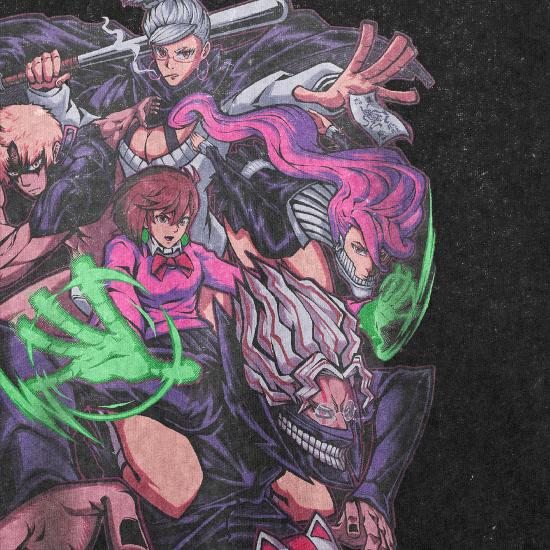 The Dandadan Oversized T-Shirt features a vibrant anime-style group character graphic on premium 250 GSM cotton, showcasing five unique characters in energetic poses and expressive streetwear against a dark background—ideal for true anime lovers.