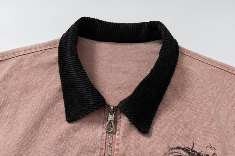 Omirad Washed Zip-Up Jacket | Corduroy Collar Streetwear