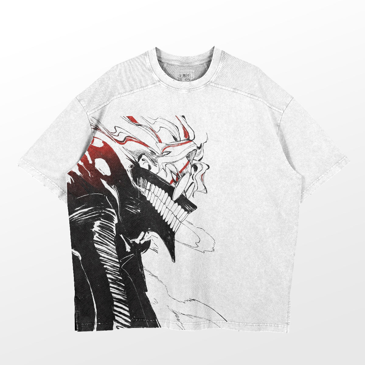 The Dandadan Oversized T-Shirt – Okarun Abstract Graphic features a bold black and red illustration of a menacing face with sharp teeth and flowing hair on a light gray background. This 250 GSM cotton tee delivers oversized streetwear vibes, perfect for an anime-inspired wardrobe.