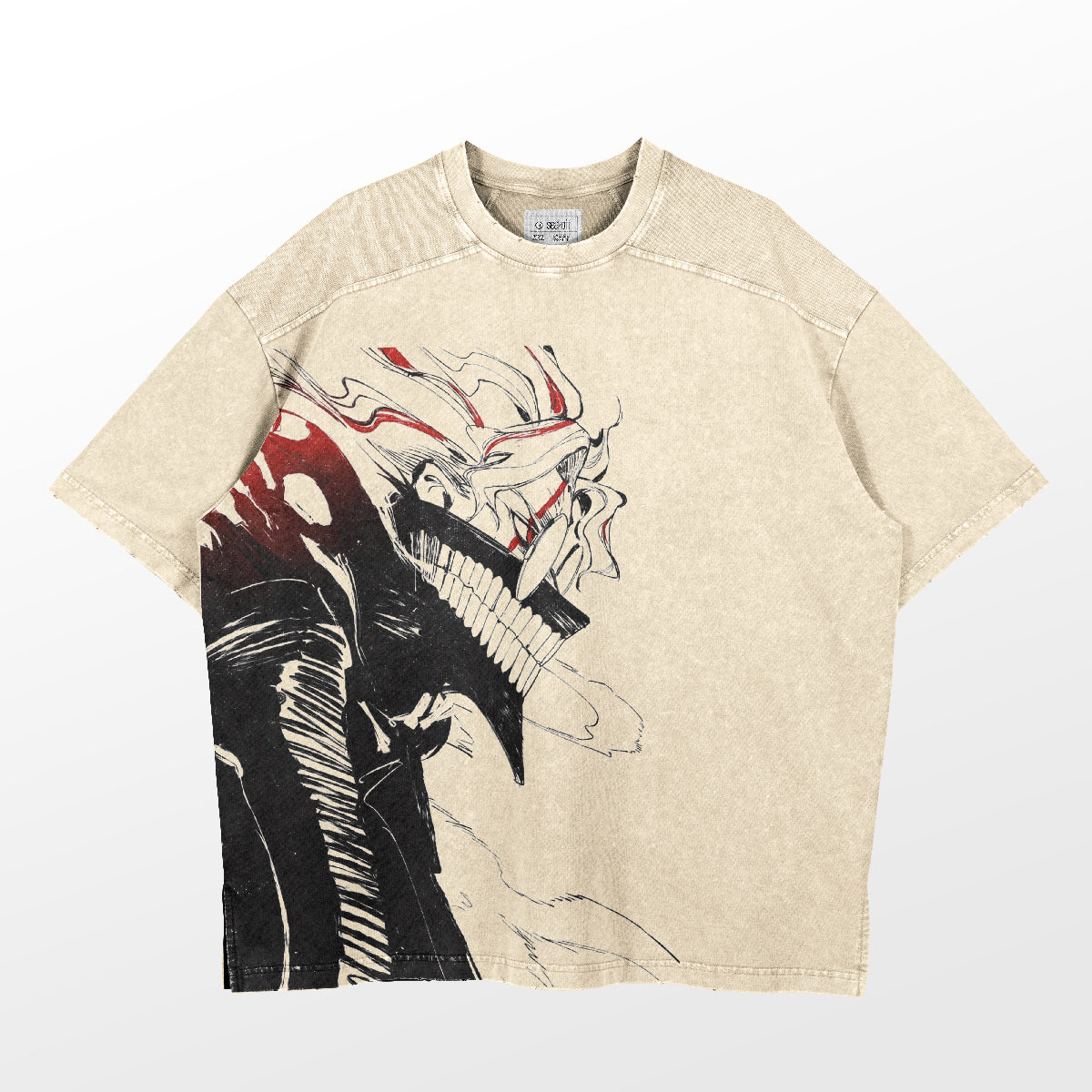 The Dandadan Oversized T-Shirt in beige, made from 250 GSM cotton, features an anime-inspired monochromatic graphic of a menacing figure with sharp teeth and flowing hair. Bold red accents make this Okarun Abstract Graphic piece a standout addition to any streetwear wardrobe.