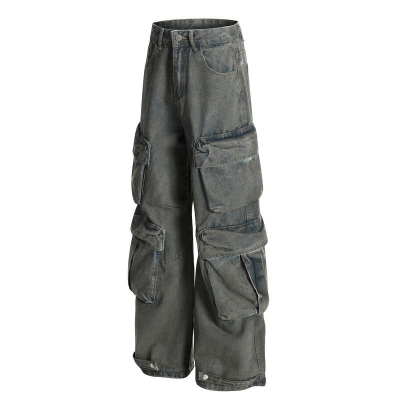 Dark gray wide-leg cargo jeans, angled front view with side pockets