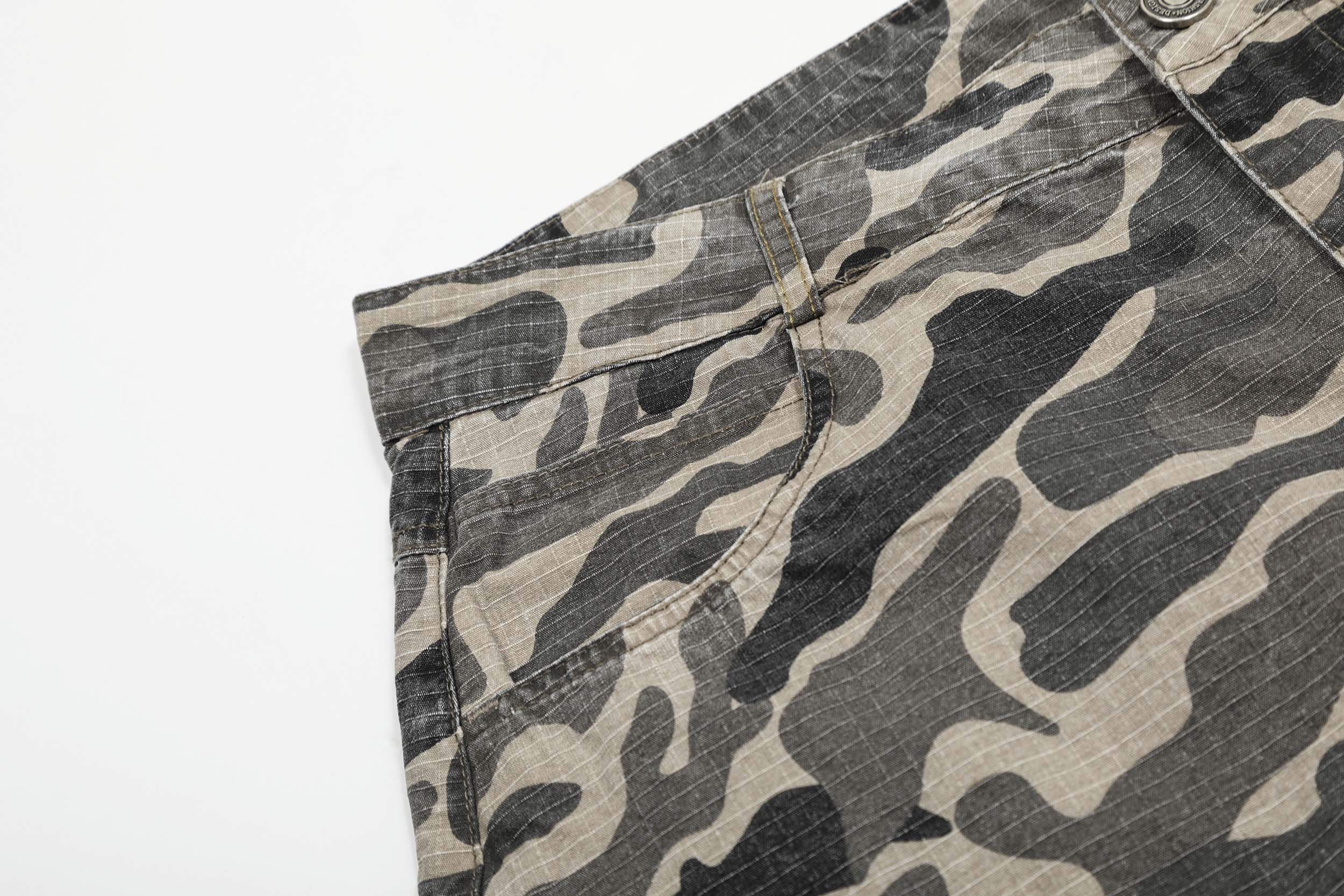 Grey Camo Barrel Pants | Wide-Leg Ripstop Cotton Trousers