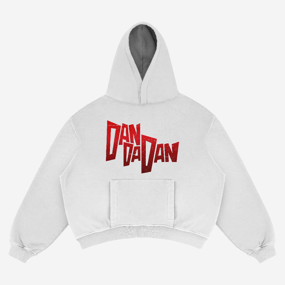 A cozy unisex streetwear Dandadan Hoodie in white, featuring bold red font and inspired by an Okarun manga panel. Made from premium 360 GSM cotton, it includes a kangaroo pocket and ribbed cuffs for comfort.