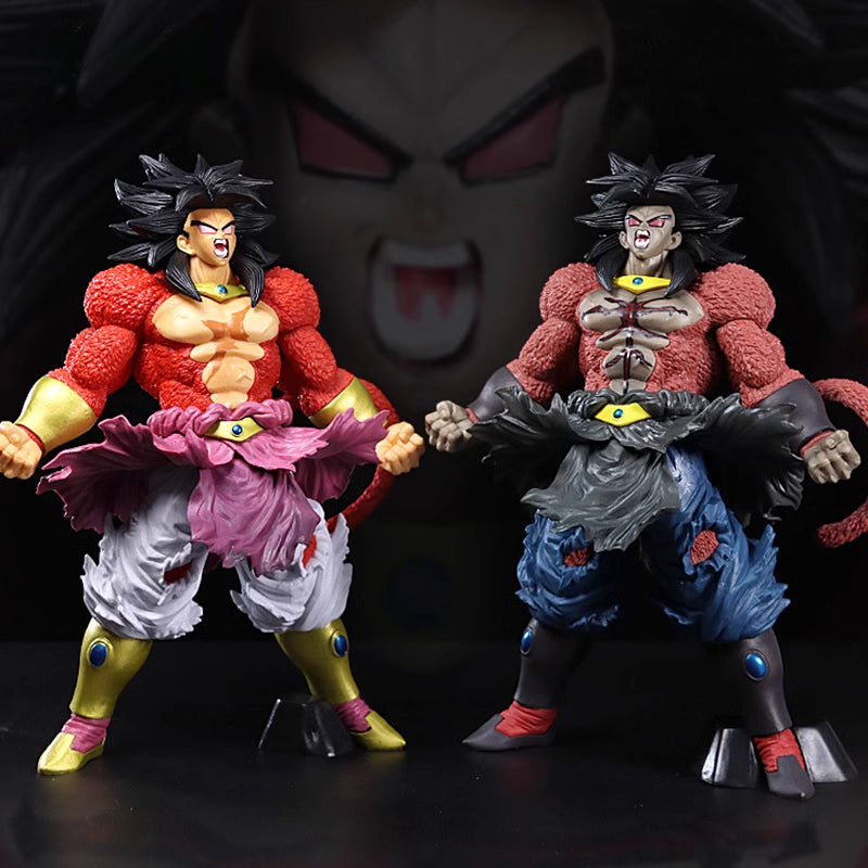 The Seakoff Super Saiyan Broly Collectible Figure set includes two 33cm figures, showcasing a muscular character with spiky black hair and fangs. One wears red and purple pants, the other grey and black. A large image of Broly&