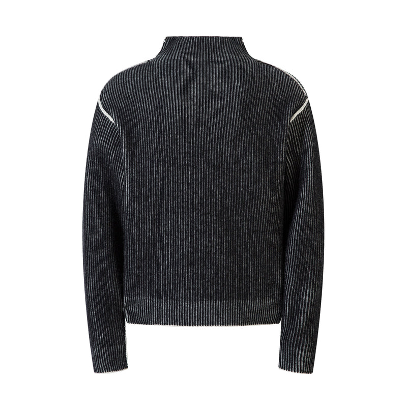 Black ribbed knit sweater with striped texture, back view