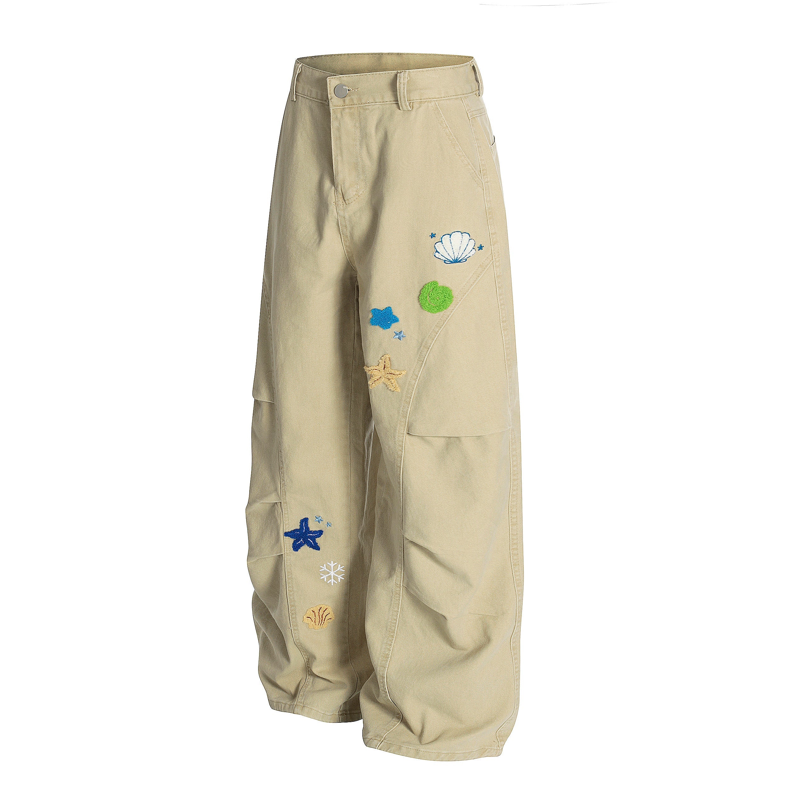 Sea Shell Embroidered Wide-Leg Cargo Pants | Coastal Streetwear