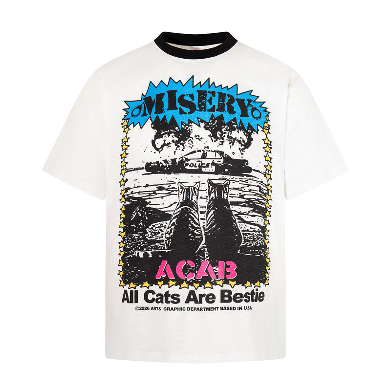 White ringer tee with black collar and bold Misery cat graphic, featuring a police scene and All Cats Are Bestie text