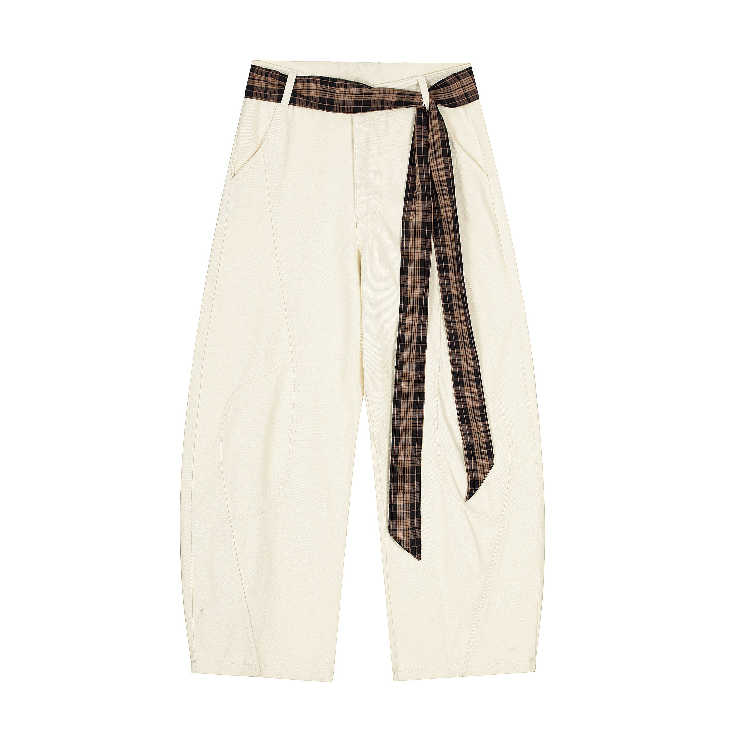 Plaid Tie-Belt Arc Wide-Leg Pants | 100% Cotton Streetwear