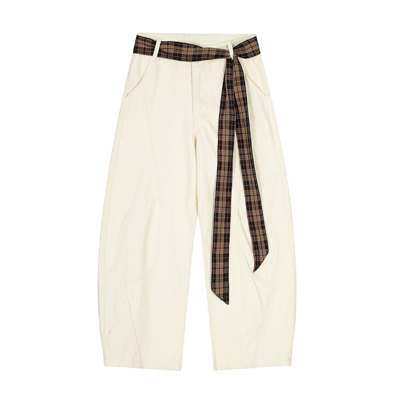 Plaid Tie-Belt Arc Wide-Leg Pants | 100% Cotton Streetwear
