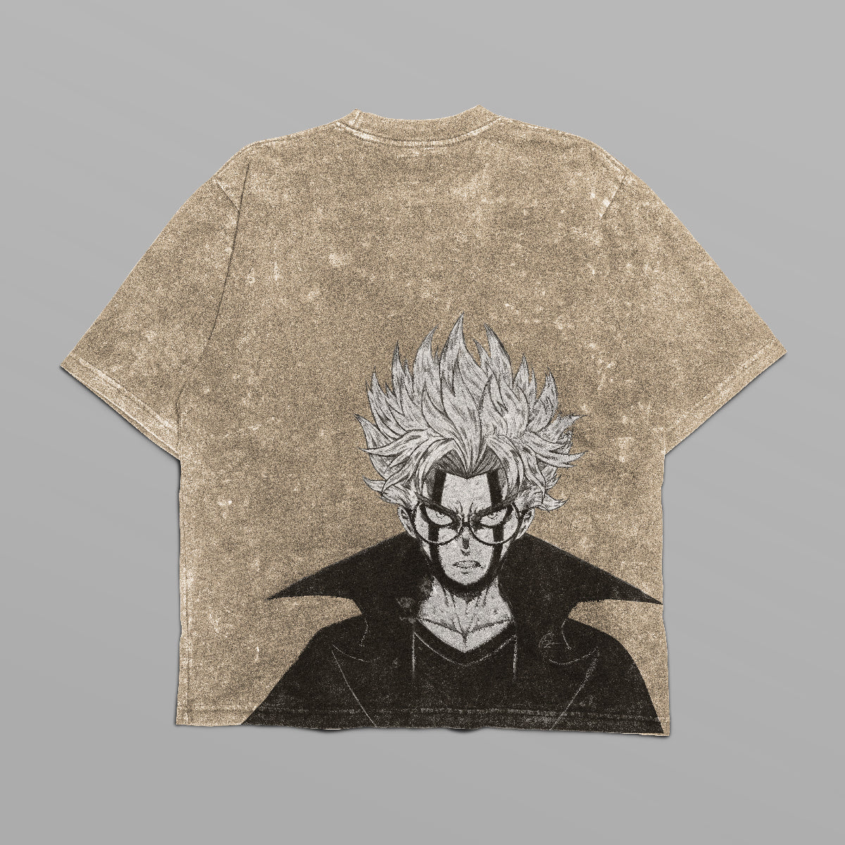 The Dandadan Oversized T-Shirt features a distressed beige texture and a striking anime-style character with spiky hair and glasses on the back, wearing a dark coat. The minimalist kanji design on the front adds to its streetwear appeal.