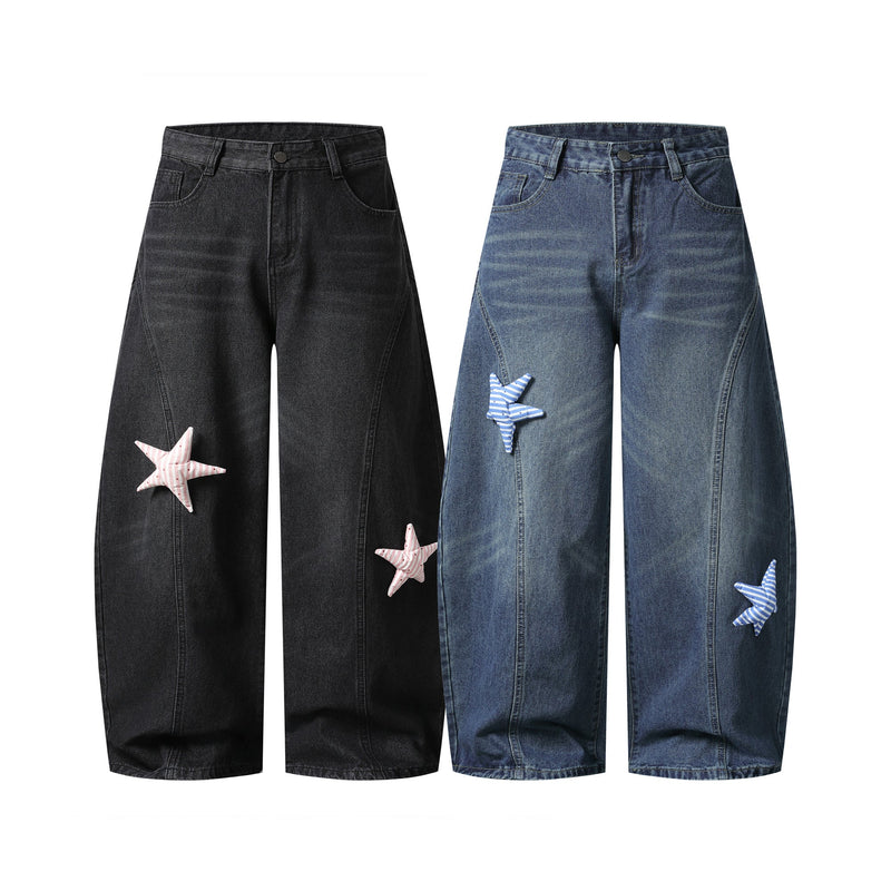 Black and blue wide-leg jeans with star patches, shown side by side front view