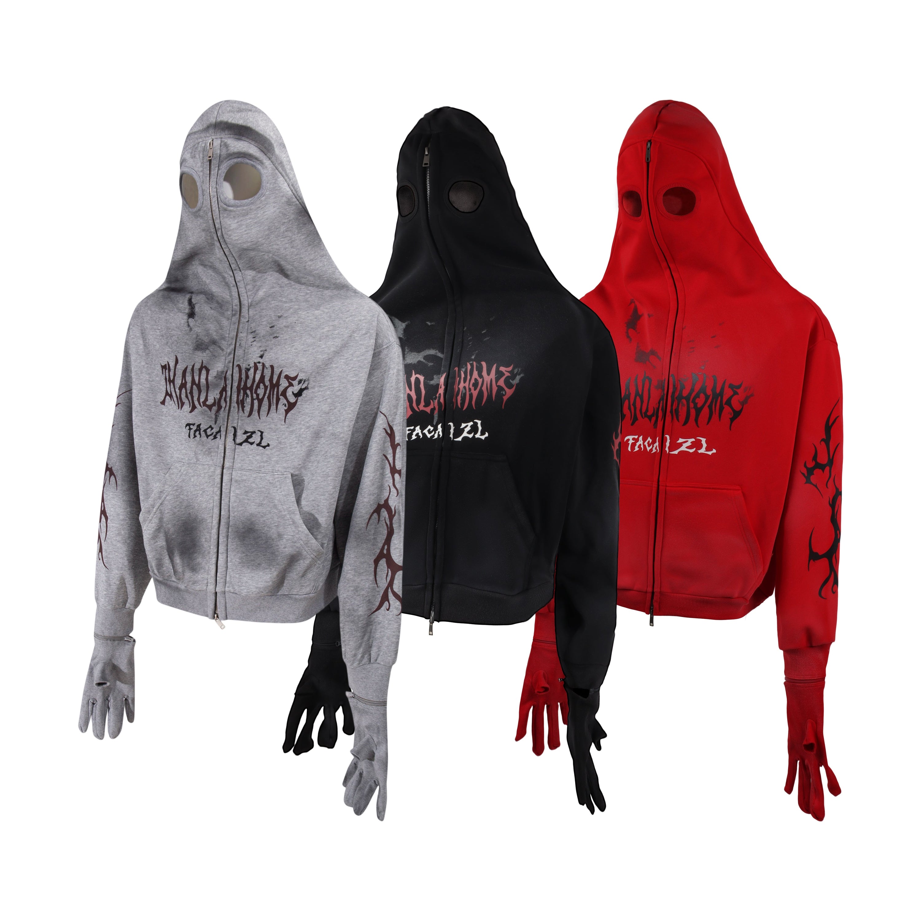 Three Omirad full-zip masked hoodies in grey, black, and red with gothic prints, mesh eye panels, and integrated glove cuffs