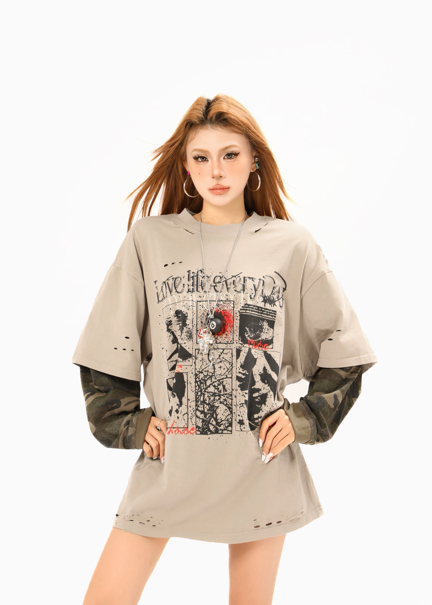 Omirad Layered Camo-Sleeve Distressed Graphic Tee | SEAKOFF