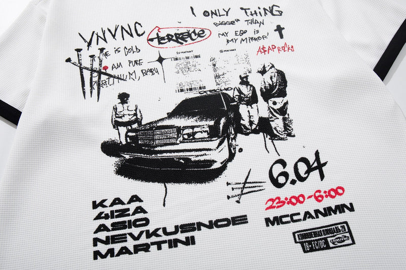 White graphic tee with graffiti-style black print, car illustration, and bold red accents in a streetwear design