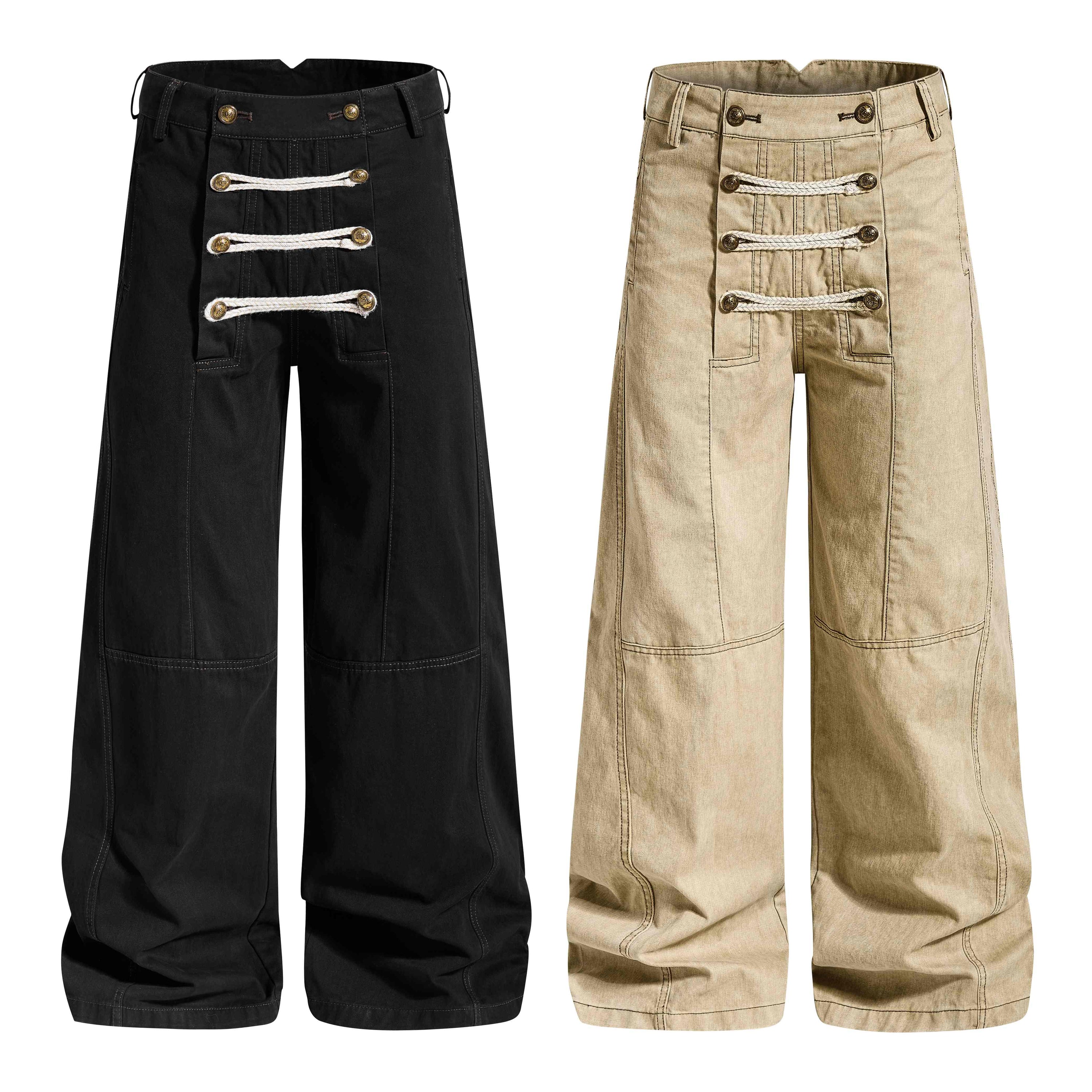 Front and back view of black and khaki military rope wide-leg pants with brass buttons and braided cord closure