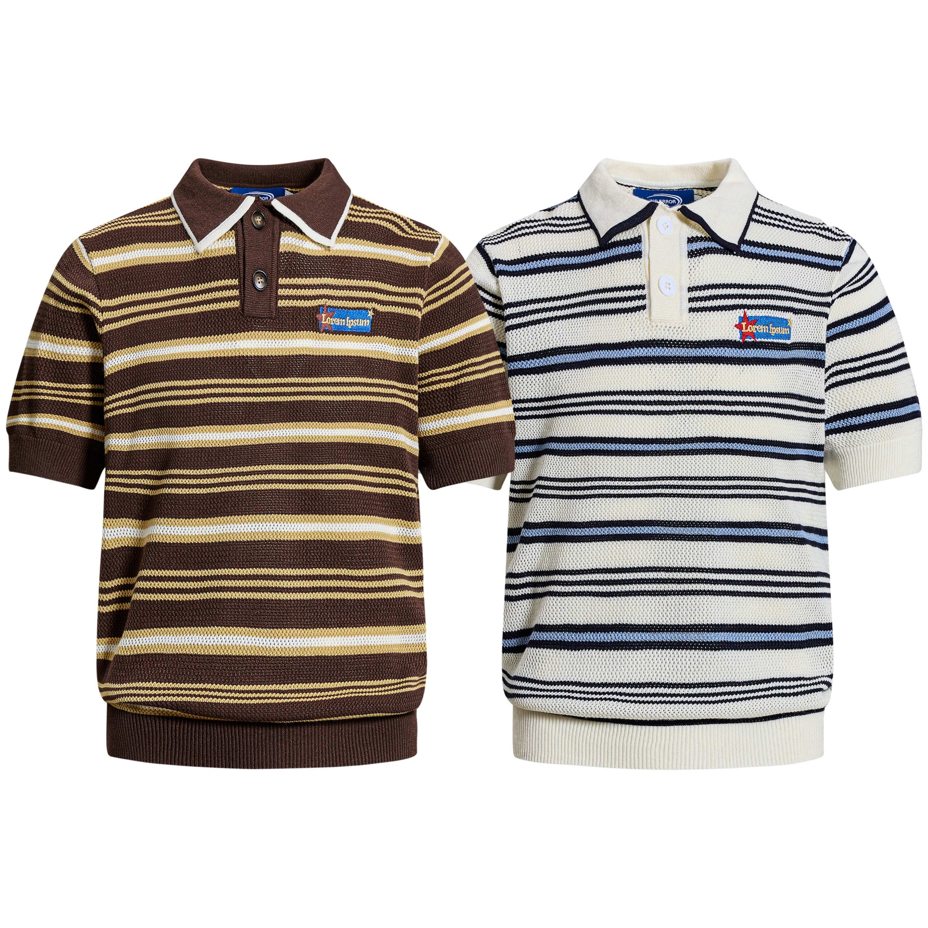 Omirad Retro Stripe Knit Polo in brown with gold stripes and cream with navy stripes, flat lay product shot
