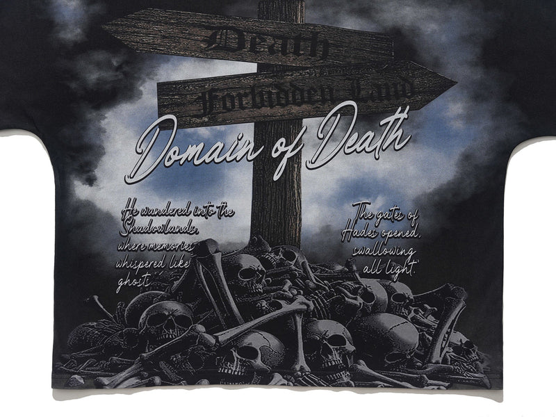 Black gothic graphic tee with wooden death signpost, skull pile, and moody Domain of Death lettering