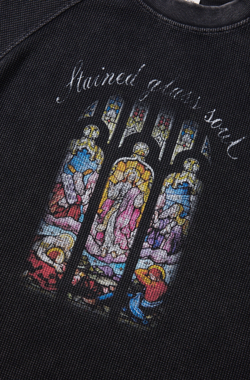 Black streetwear T-shirt with stained glass inspired Soul graphic and colorful religious figure artwork on the chest