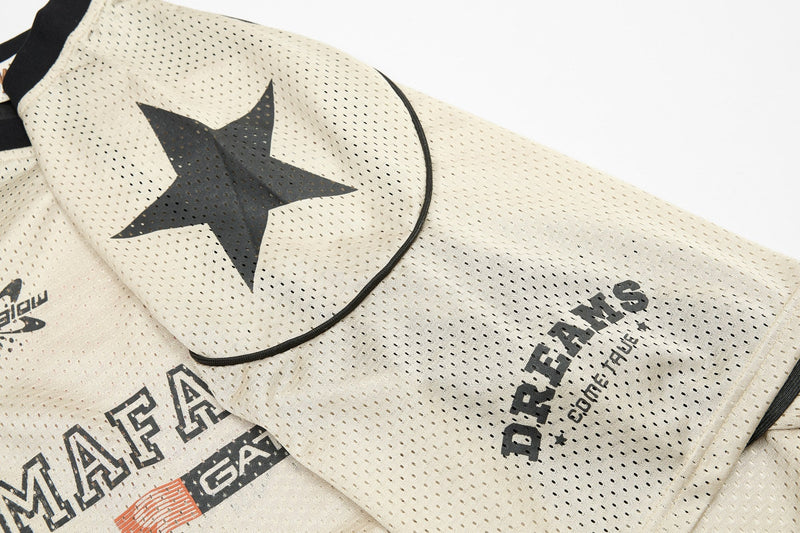 Beige mesh jersey with black star graphic and Mafaerror branding, featuring a sporty streetwear design