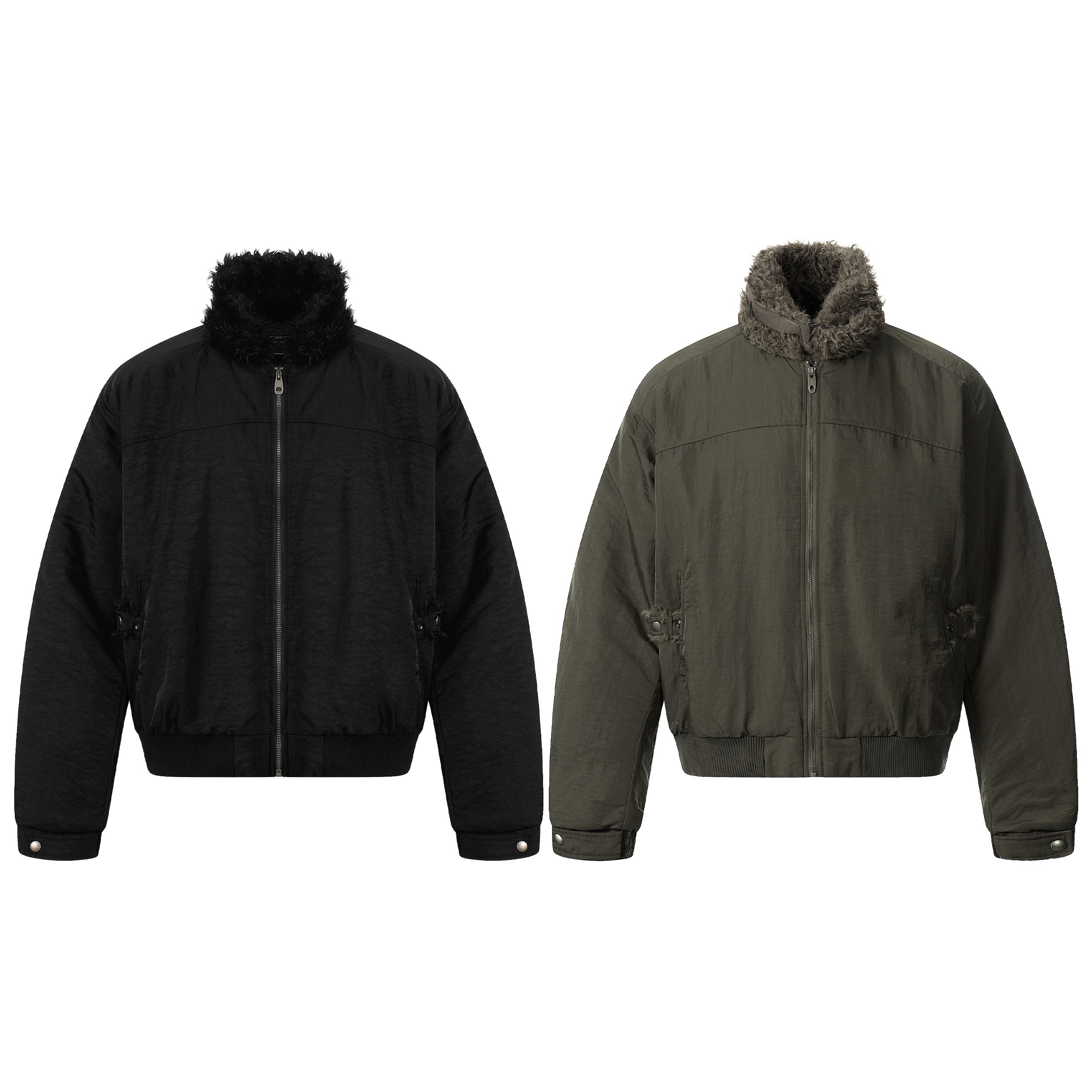 Black oversized nylon bomber jacket with plush faux fur collar, front zip closure, and ribbed hem on white background