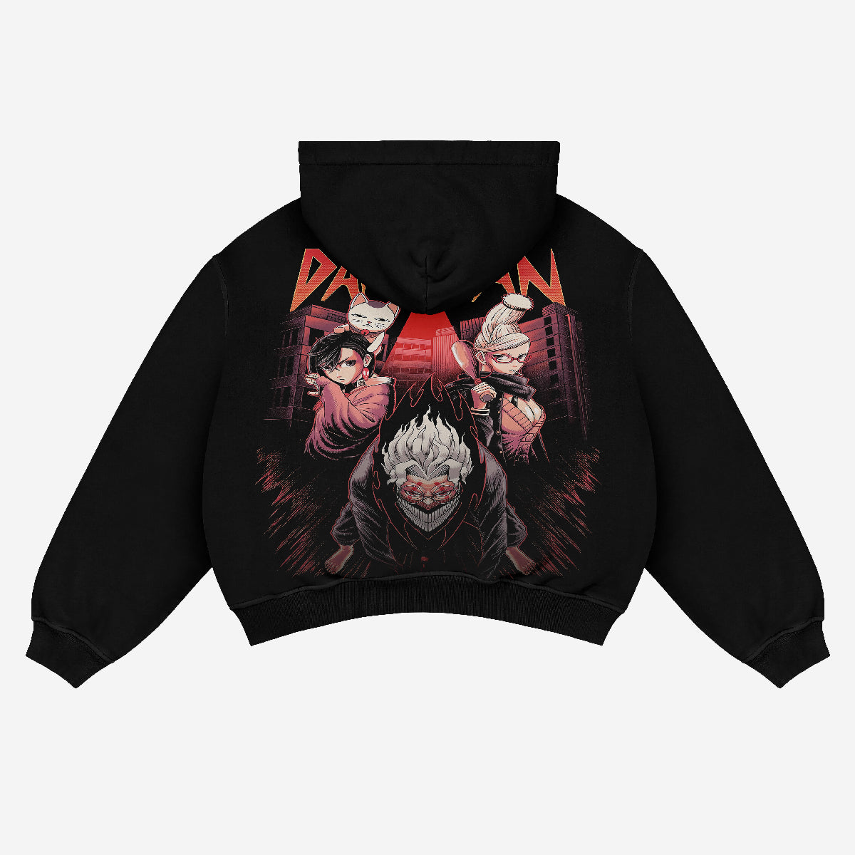 The Dandadan Hoodie, crafted from premium 360 GSM cotton, features a striking anime design on the back, with four vibrant-haired characters against a cityscape backdrop and bold text. This standout piece of streetwear is offered by Dandadan.