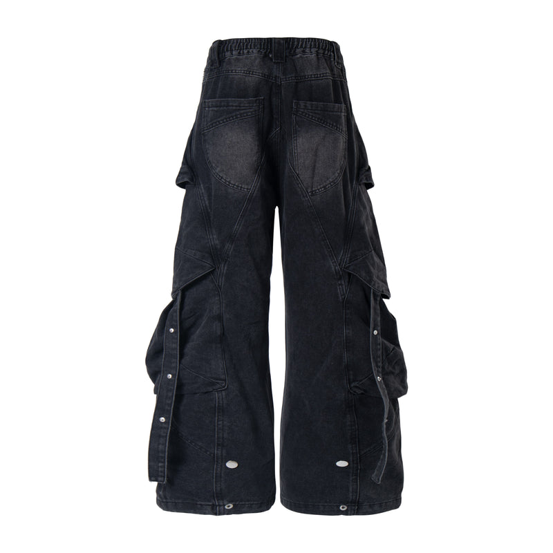 Black baggy cargo denim jeans, back view showing oversized pockets and wide legs