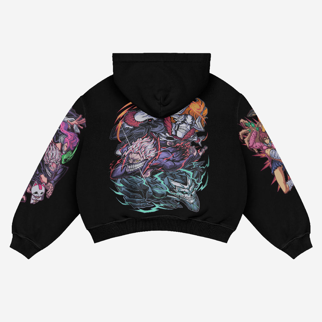 The Dandadan Full-Color Hoodie in premium 360 GSM cotton features a multi-panel anime character design with vibrant outlines and dynamic poses, capturing fantasy and action elements. This standout black hoodie blends seamlessly into streetwear culture.