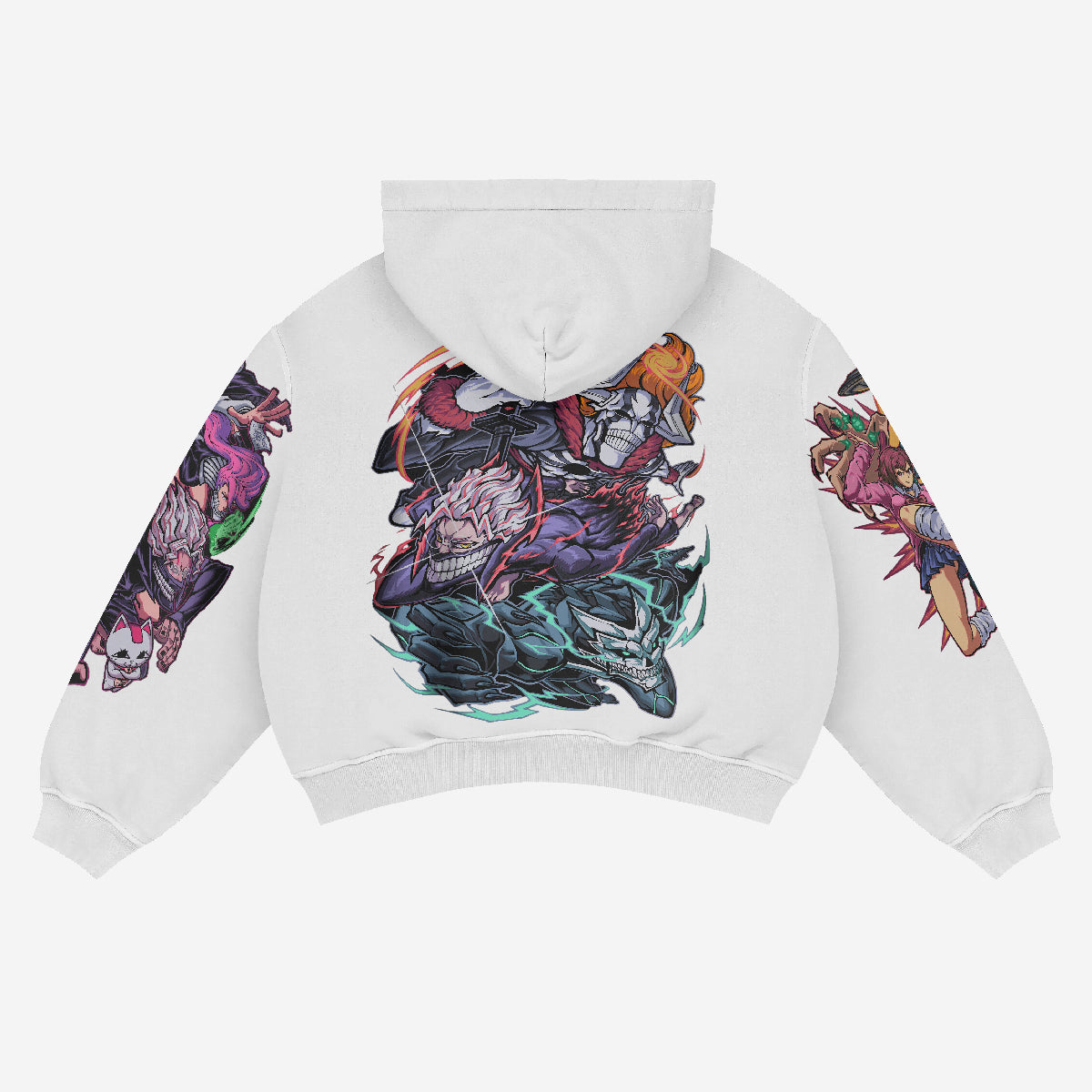 The Dandadan Full-Color Hoodie, made from premium 360 GSM cotton, features a multi-panel anime character design with colorful comic-style mythical creatures and warriors on the back and sleeves. This dynamic streetwear piece offers vibrant colors for an eye-catching, bold look.