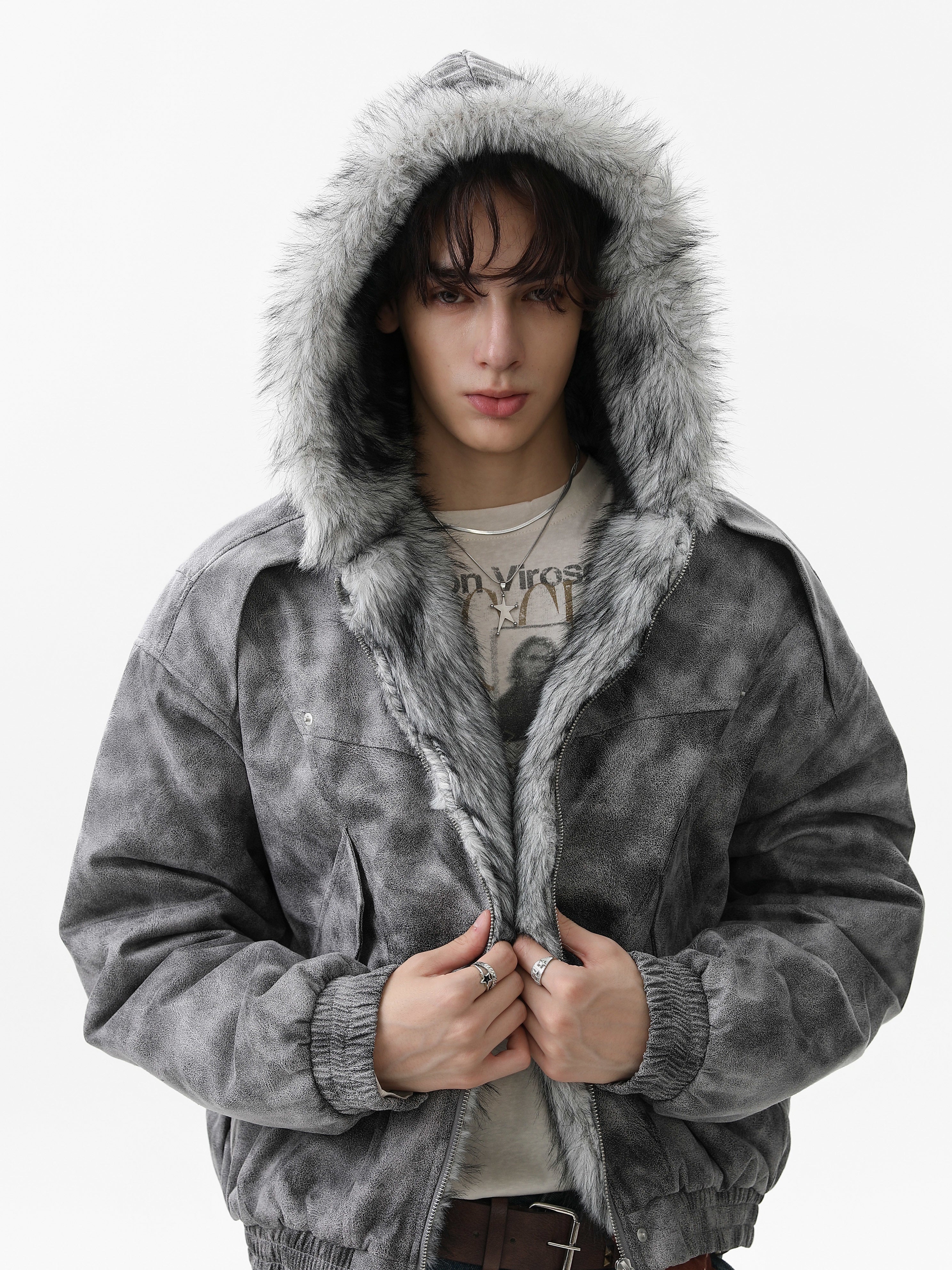 Washed Faux-Fur Hooded Bomber Jacket | Streetwear Winter Coat