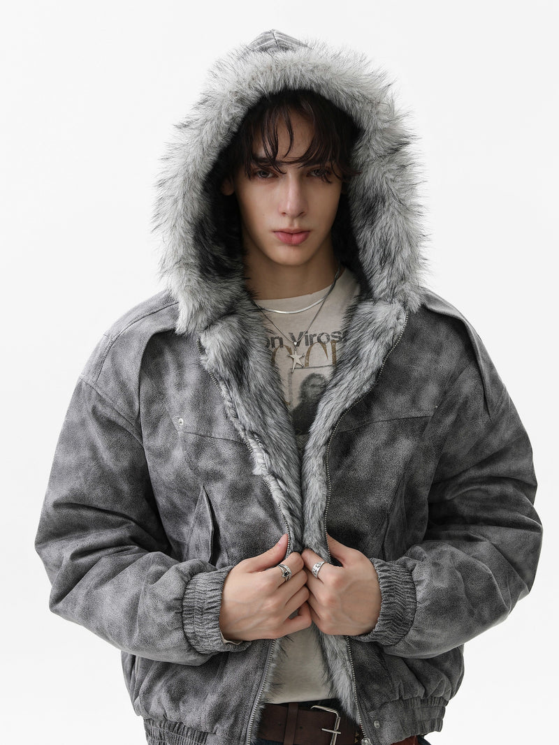 Washed Faux-Fur Hooded Bomber Jacket | Streetwear Winter Coat