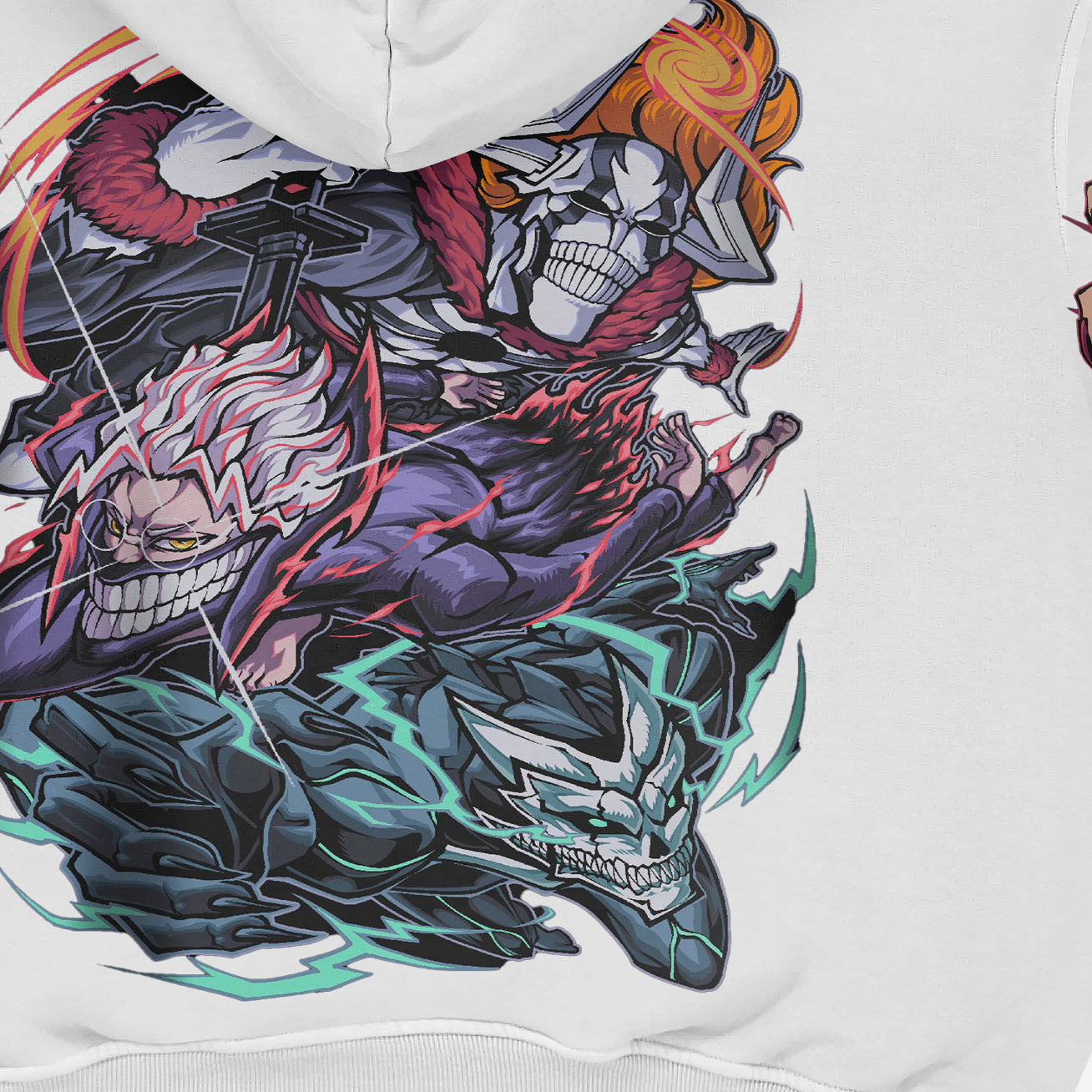 The Dandadan Full-Color Hoodie showcases anime fashion with a multi-panel design of three characters, two with fiery or electric effects and one armored, all in premium 360 GSM cotton. It&