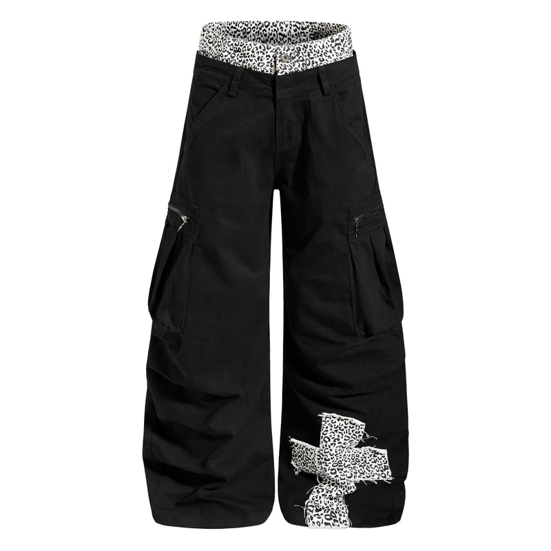 Black wide-leg cargo pants with leopard-print waistband and knee patch detail, front view
