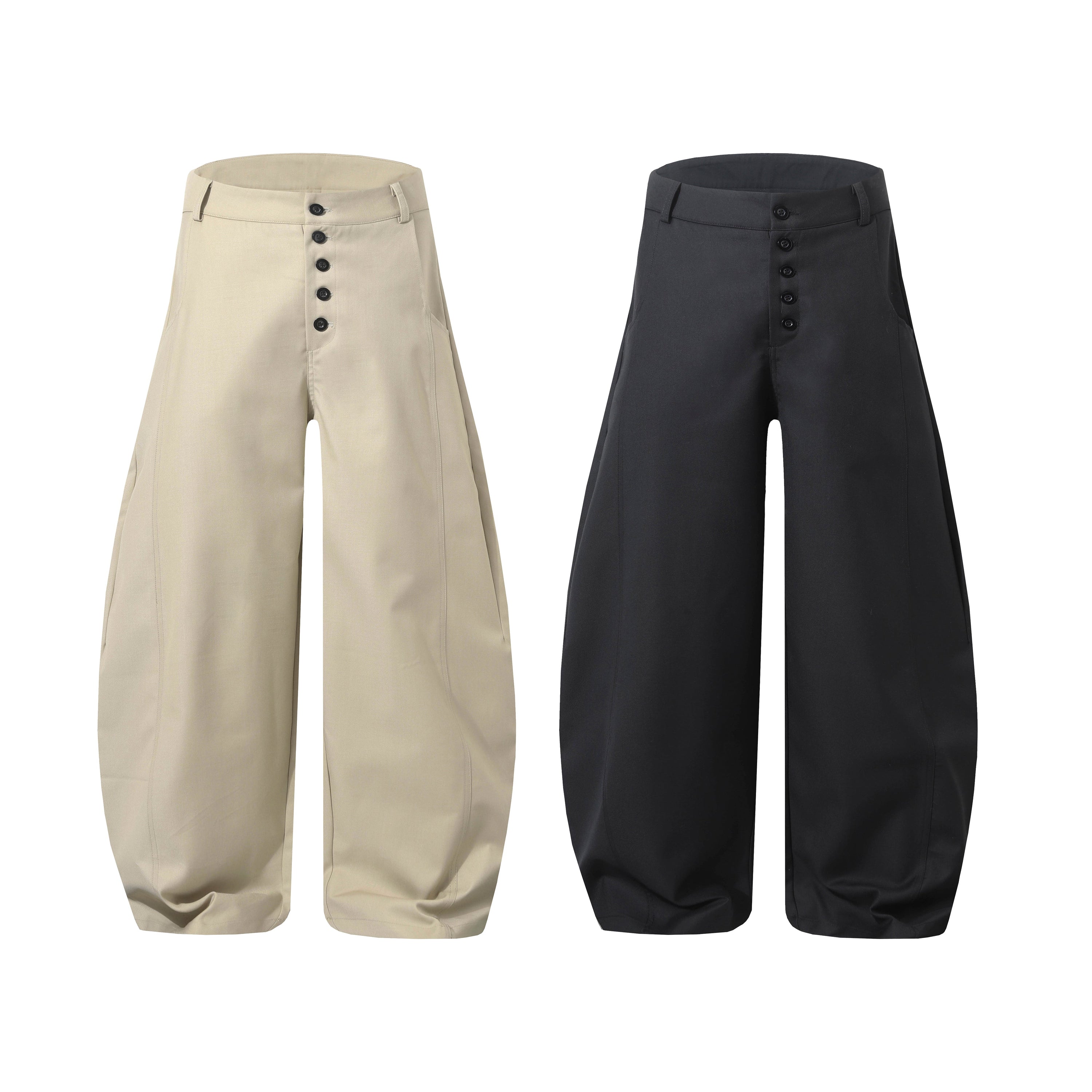 Beige and black multi-button barrel wide-leg trousers with sculpted silhouette shown side by side on white background