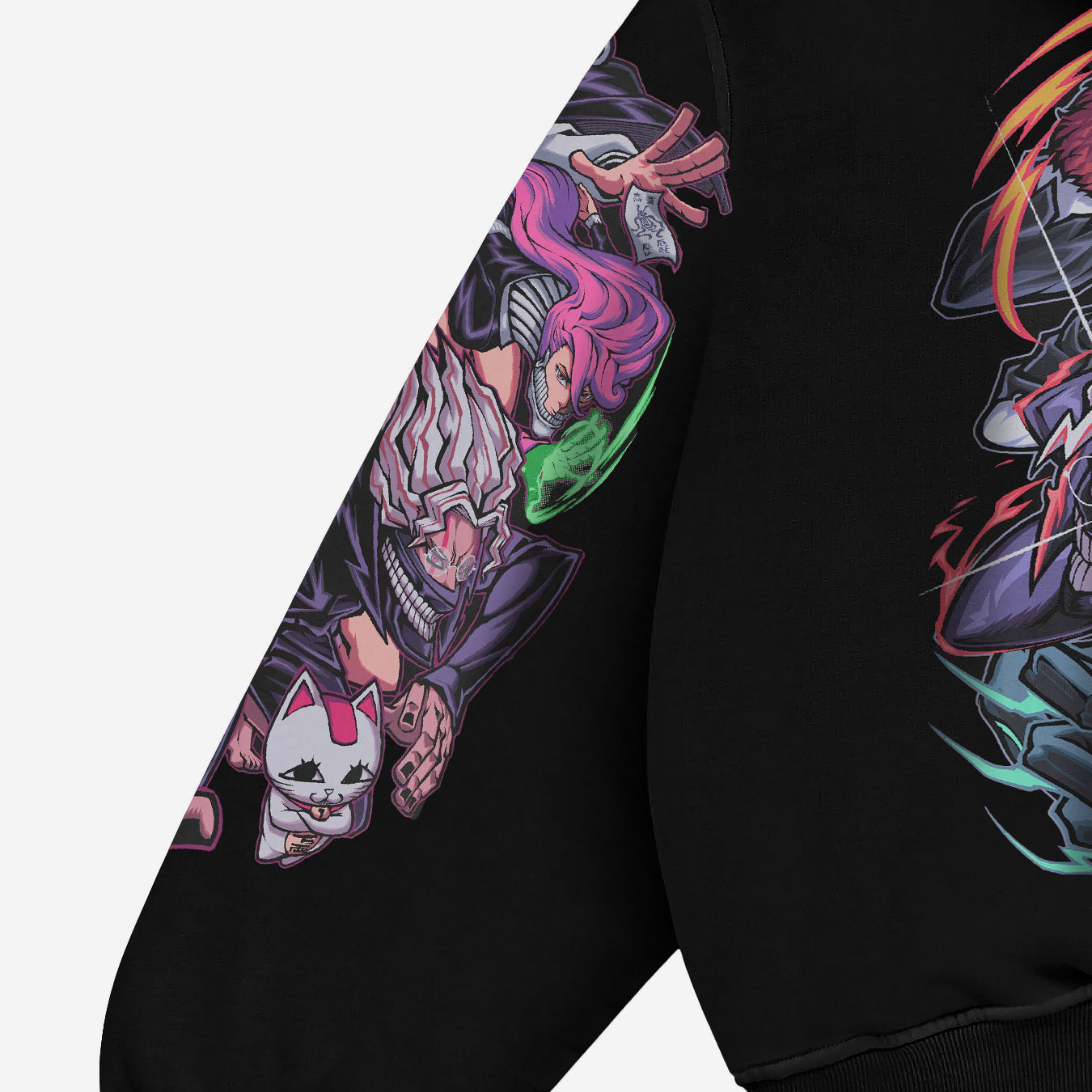 The Dandadan Full-Color Hoodie, a premium piece in anime fashion, features a vibrant sleeve design: a pink-haired character with a mask, alongside a scarred white cat and horned figure, blending streetwear style with intricate artistry in 360 GSM cotton.