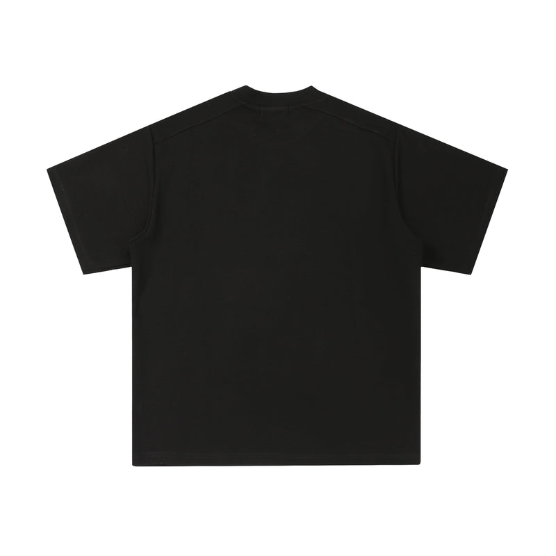 Black oversized structured tee with dropped shoulders and a clean minimal streetwear silhouette