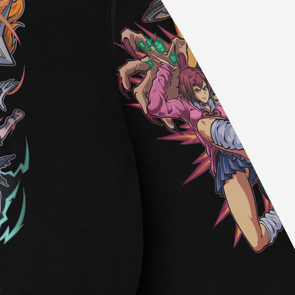 A close-up of the Dandadan Full-Color Hoodie sleeve showcases anime-style art with a character in a pink outfit, dynamic pose, and energy effects—ideal for anime fashion enthusiasts. Made from premium 360 GSM cotton by Dandadan.