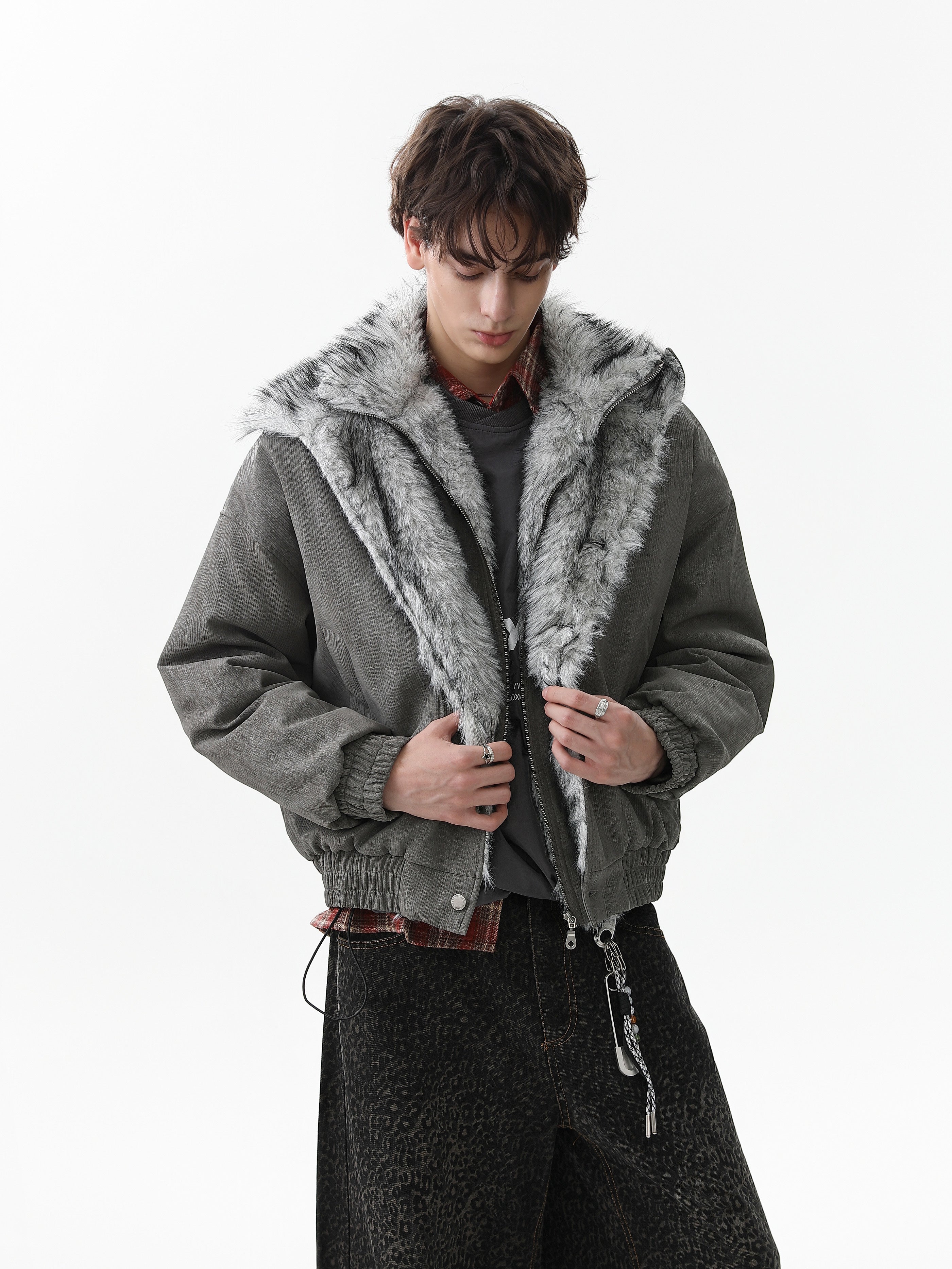 Faux Fur Trim High-Neck Bomber Jacket | Streetwear