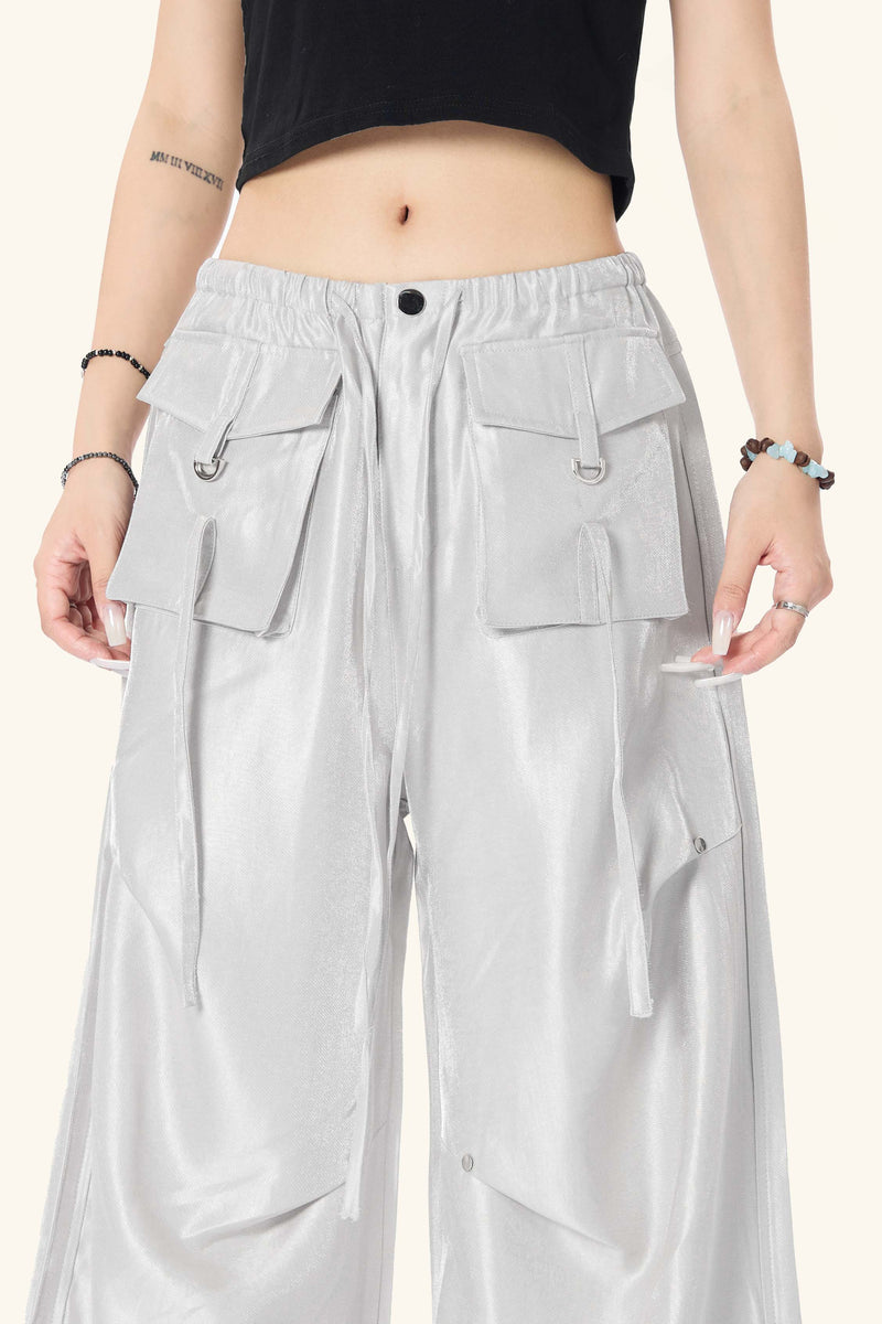 Omirad Glossy Utility Cargo Pants | Wide Leg Barrel Fit