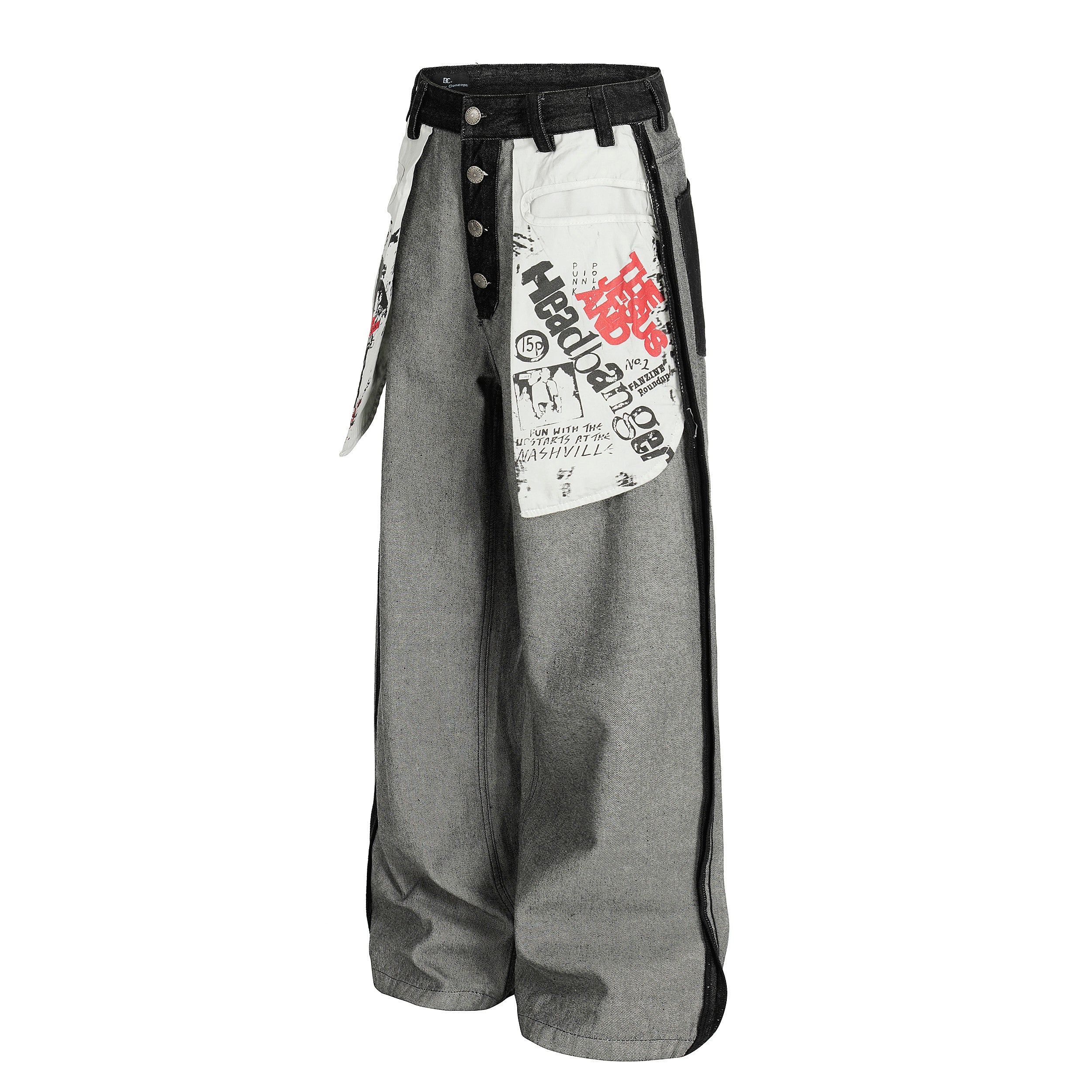 Punk Graphic Patch Flap Contrast Panel Wide-Leg Jeans