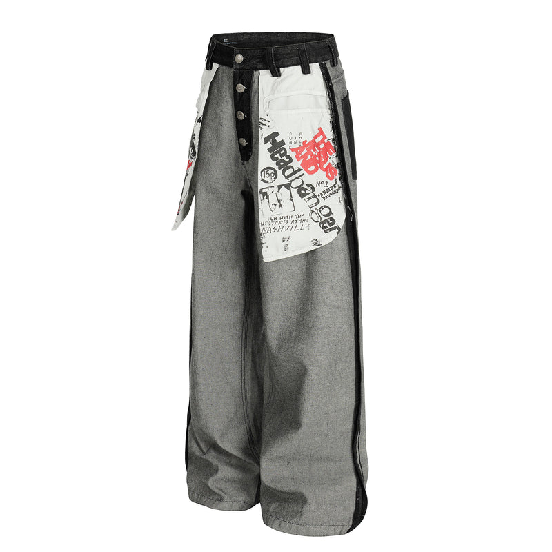 Angled front view of gray wide-leg jeans with printed white patch pocket and black trim