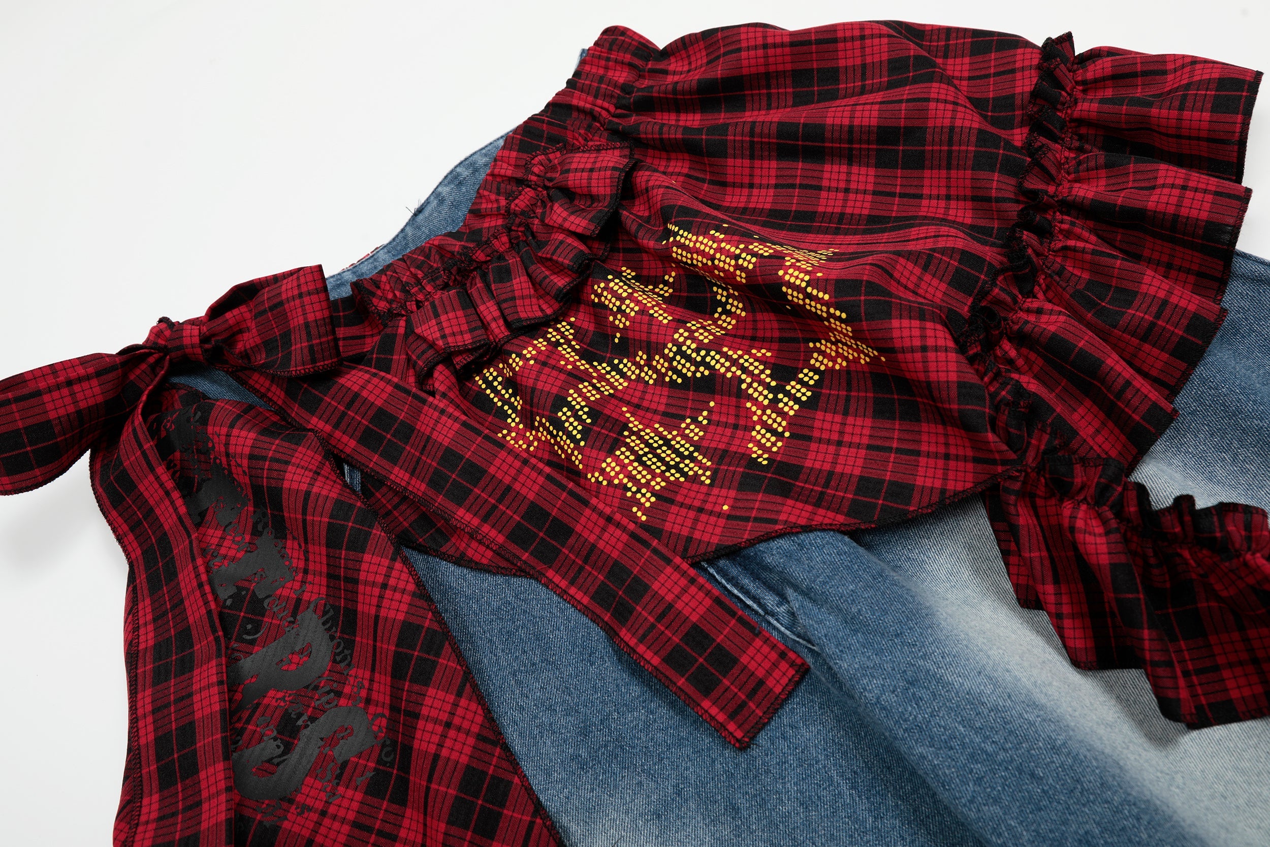 Plaid Ruffle Overlay Wide-Leg Denim Pants | Streetwear
