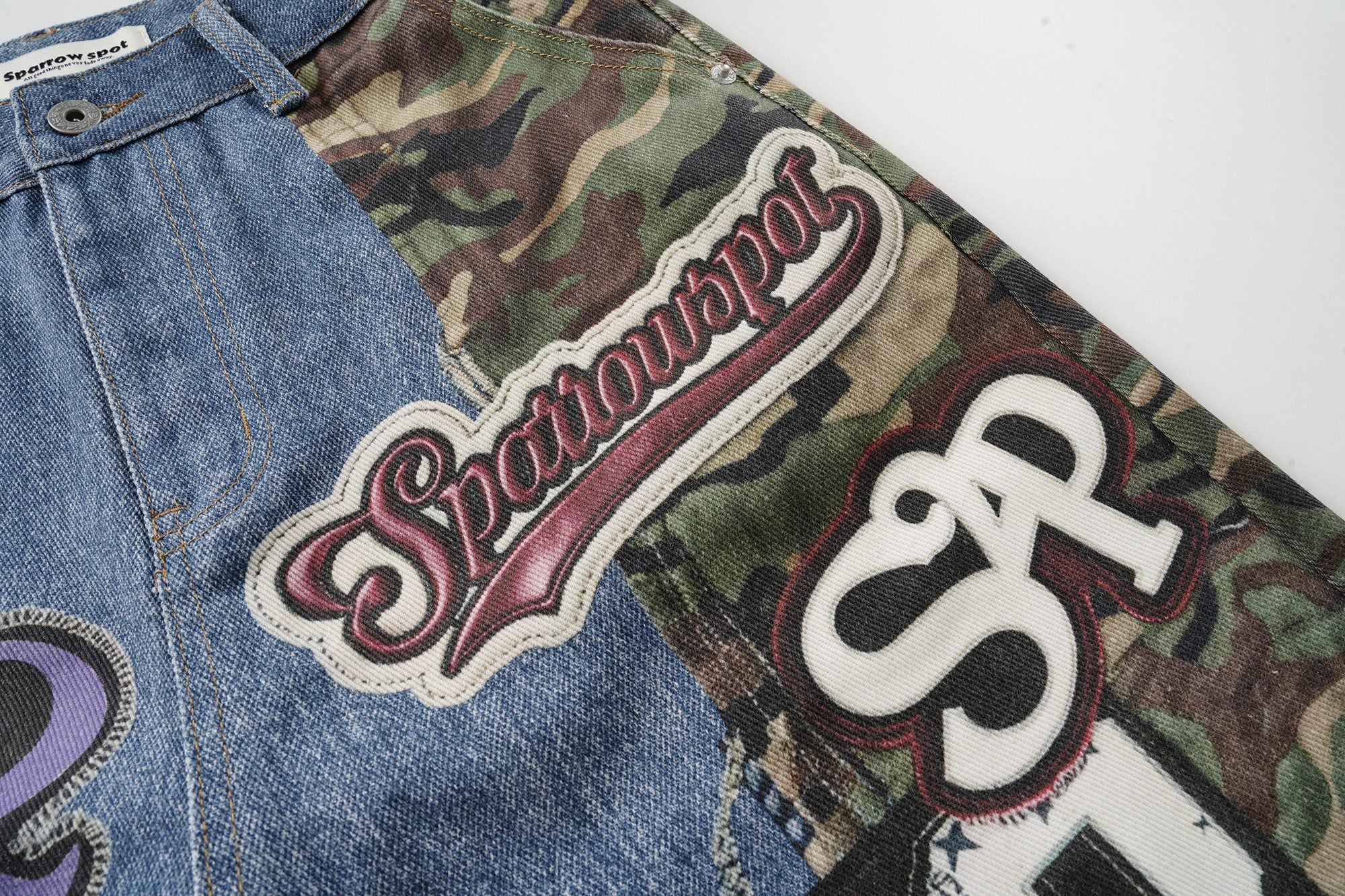 Camo Patch Denim Jorts | Y2K Varsity Streetwear Shorts