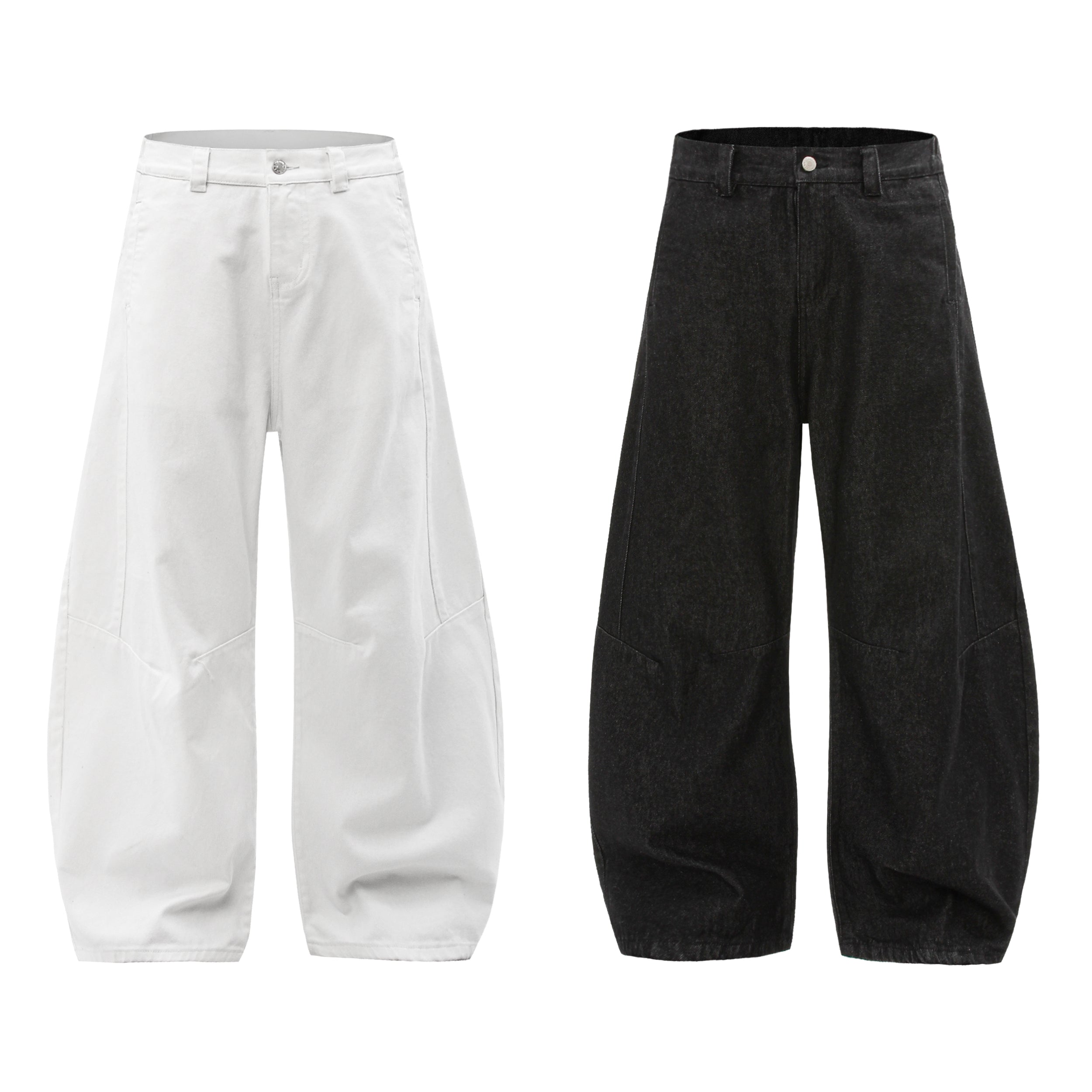 Omirad sculpted wide leg balloon pants in white and washed black, front view showing curved panel seams and relaxed fit