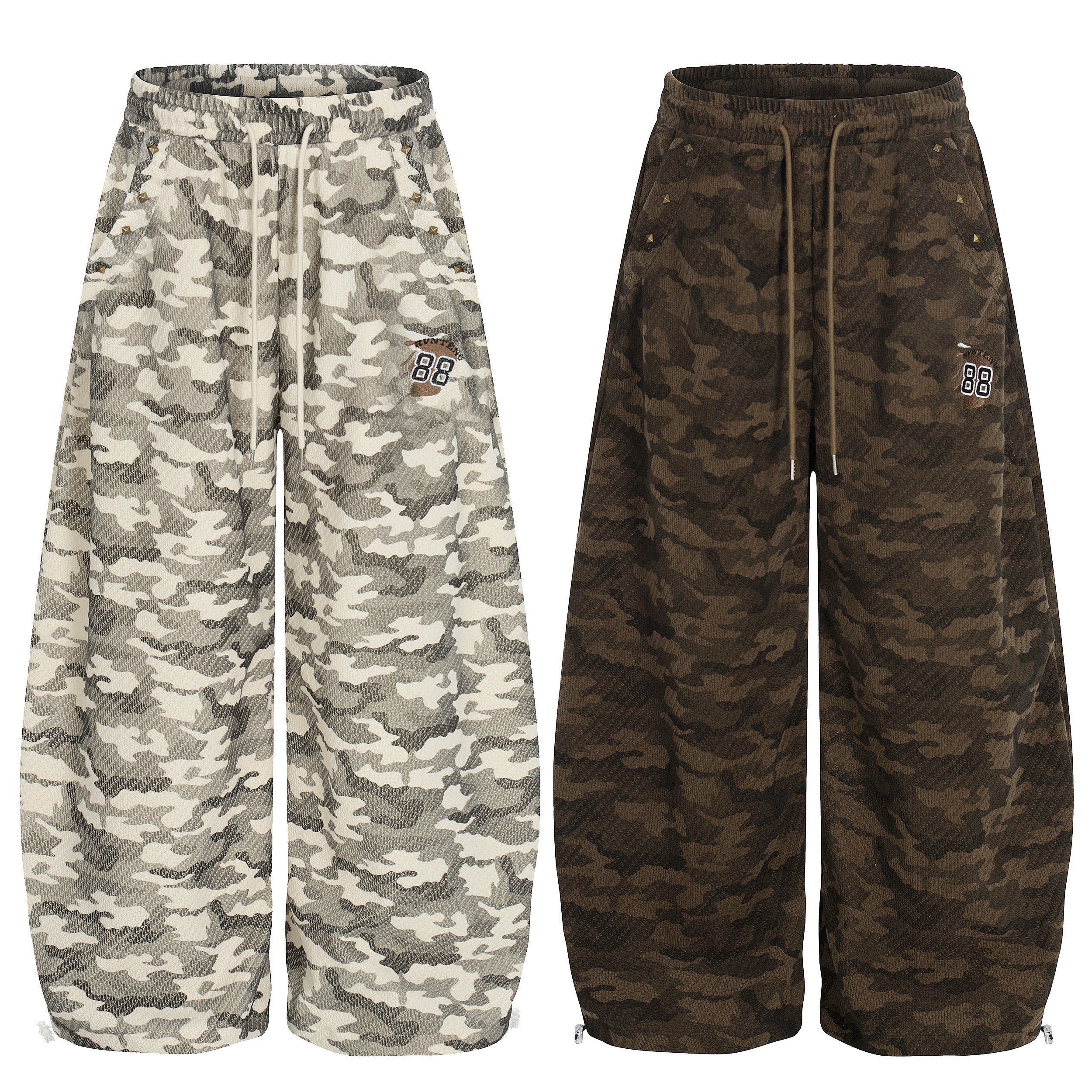 Omirad vintage camo wide-leg sweatpants in light grey-cream colorway with drawstring waist and stud details
