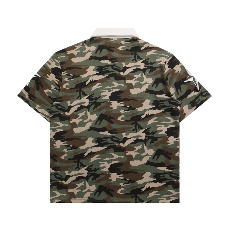 Back view of a camouflage polo shirt with white collar and green, brown, black streetwear camo pattern